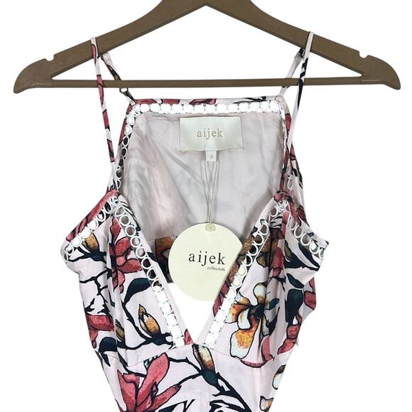 Aijek Gabriella Mini Dress Womens 2 White Floral Ruffl V-Neck Crochet Tropical - Picture 3 of 7